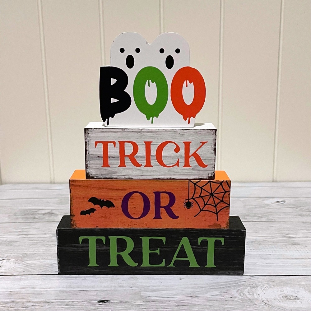 Halloween Trick or Treat Boo Ghost Wooden Stackable Block Set Decor 4 Piece